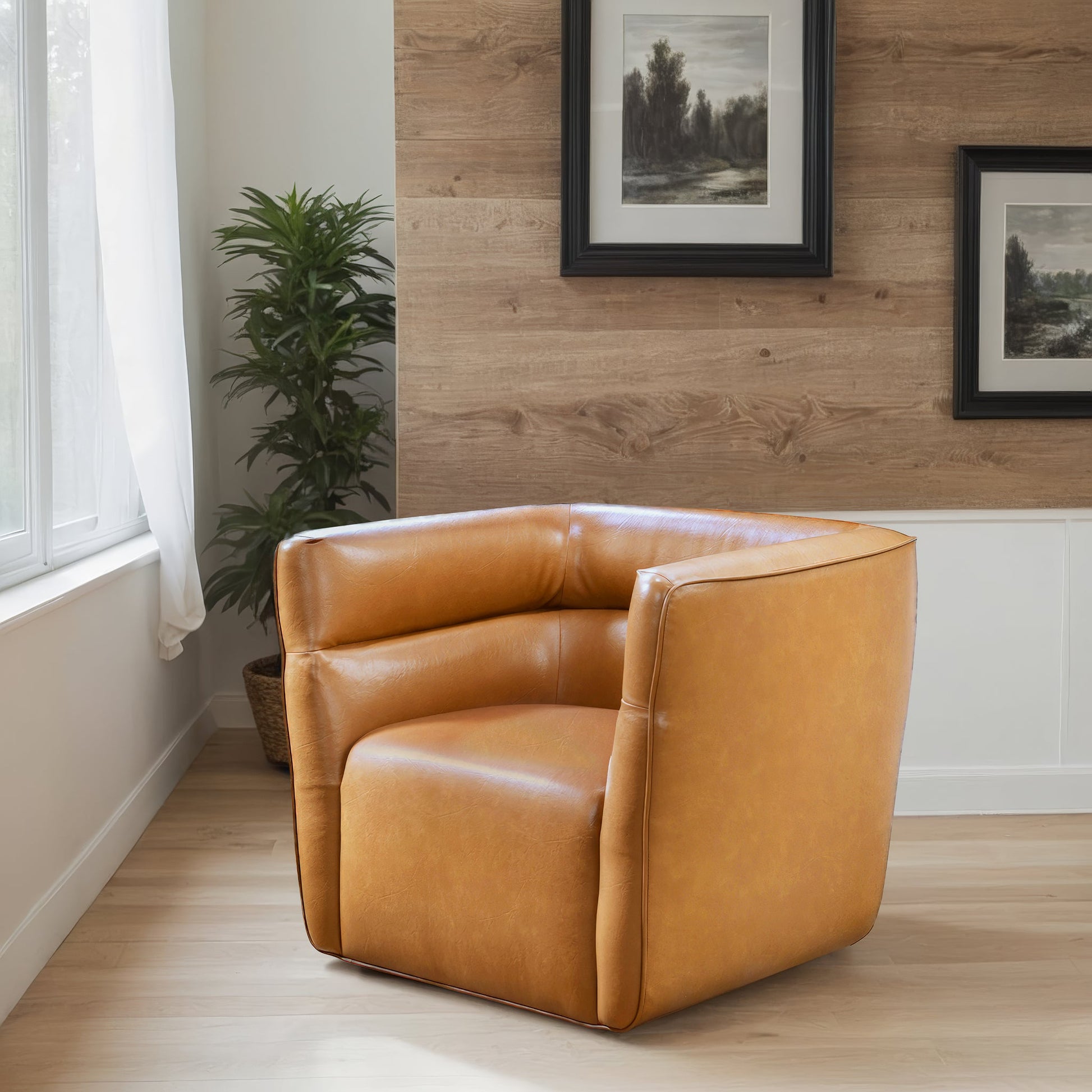 Tan Leather Swivel Rocking Chairs - Two Seat Set