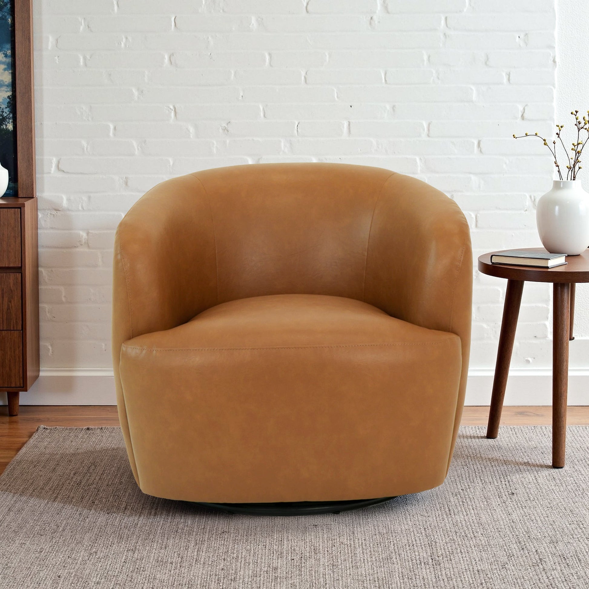 Tan Leather Swivel Barrel Chair - 32" Mina Chair