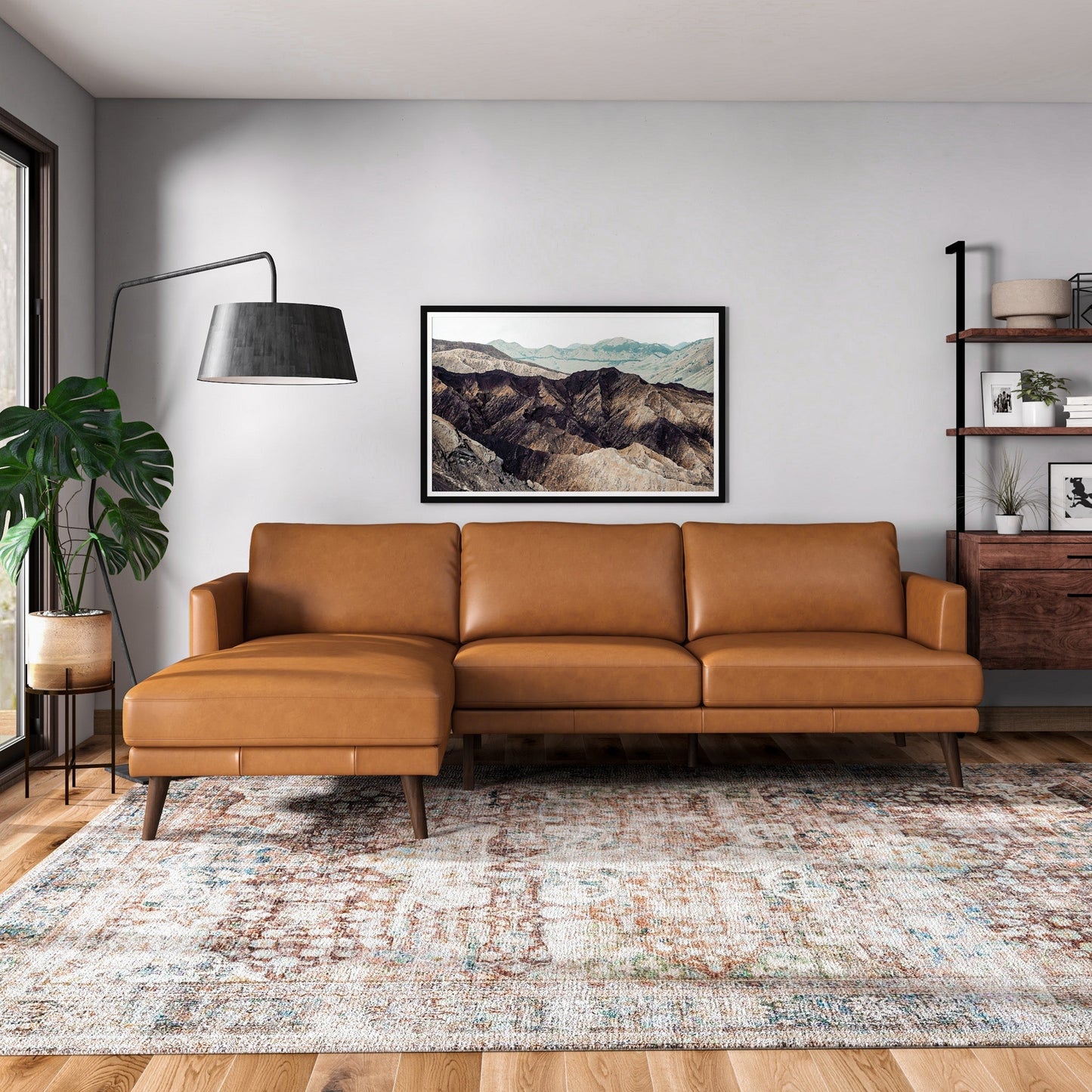 Tan Leather 4 Seat Sectional Sofa - Mid Century Modern for Living Room