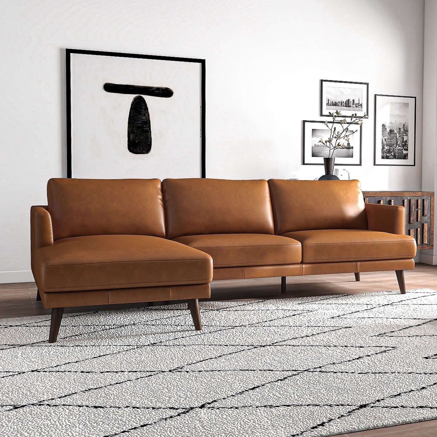 Tan Leather 4 Seat Sectional Sofa - Mid Century Modern for Living Room