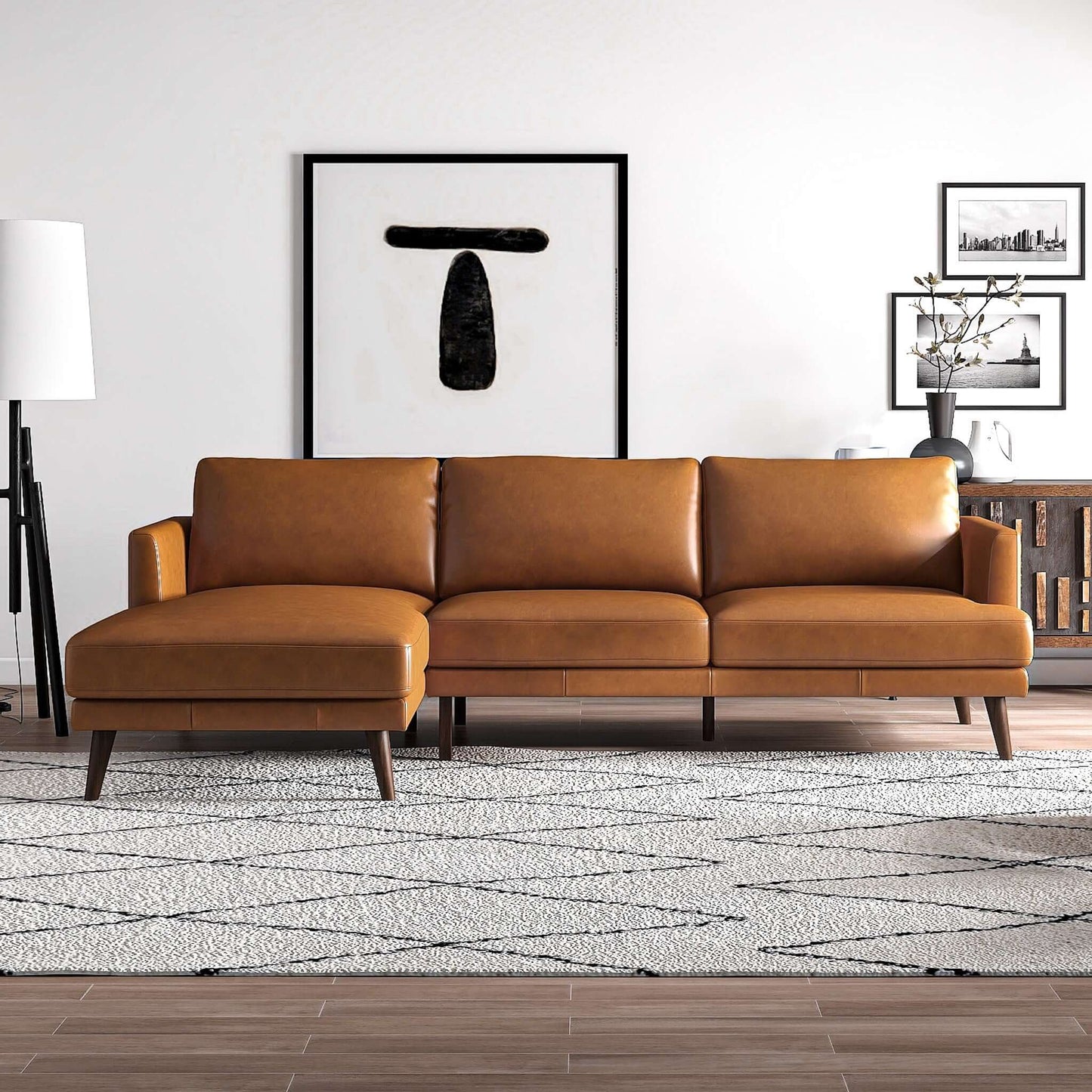 Tan Leather 4 Seat Sectional Sofa - Mid Century Modern for Living Room