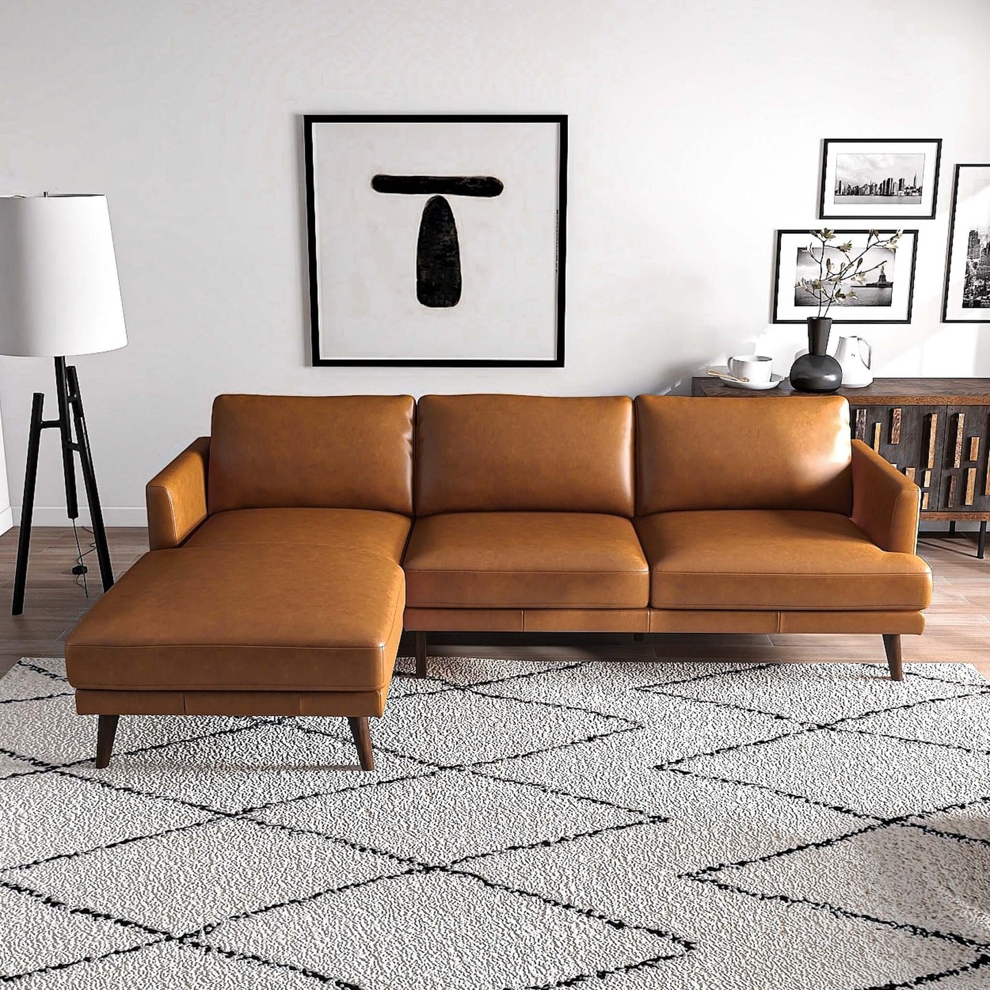 Tan Leather 4 Seat Sectional Sofa - Mid Century Modern for Living Room