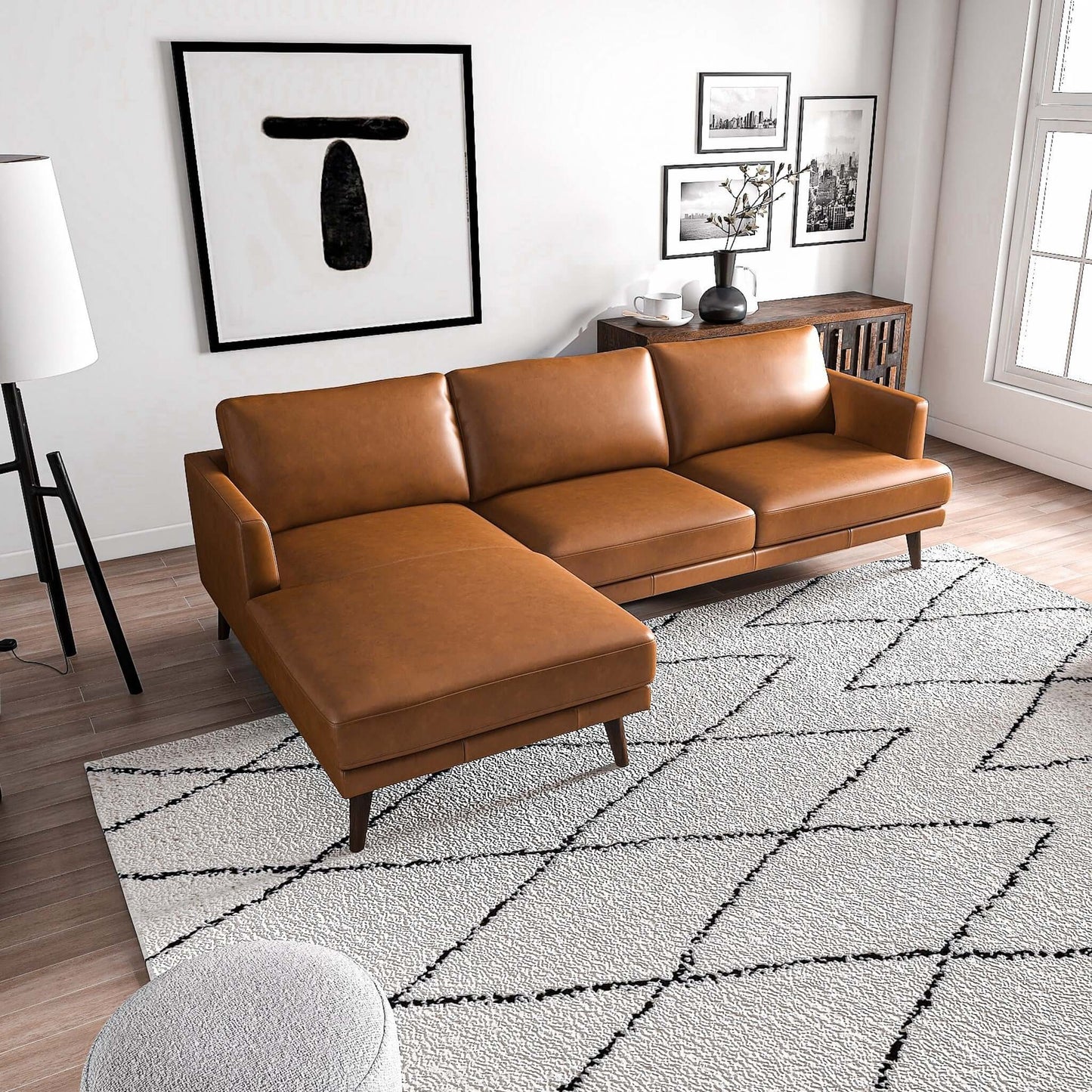Tan Leather 4 Seat Sectional Sofa - Mid Century Modern for Living Room