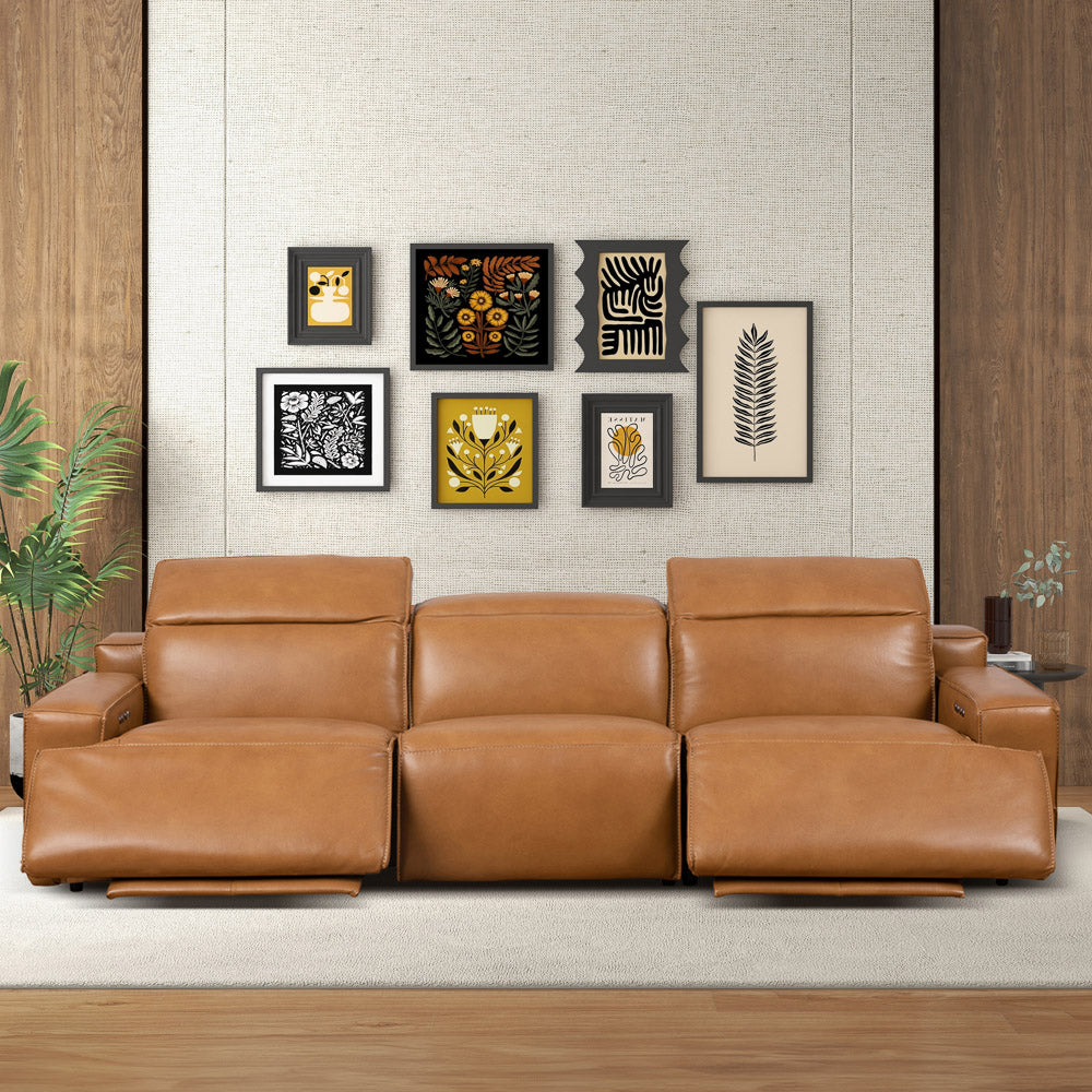 Tan Leather Urban Triple Recliner Sofa - 3 Seats