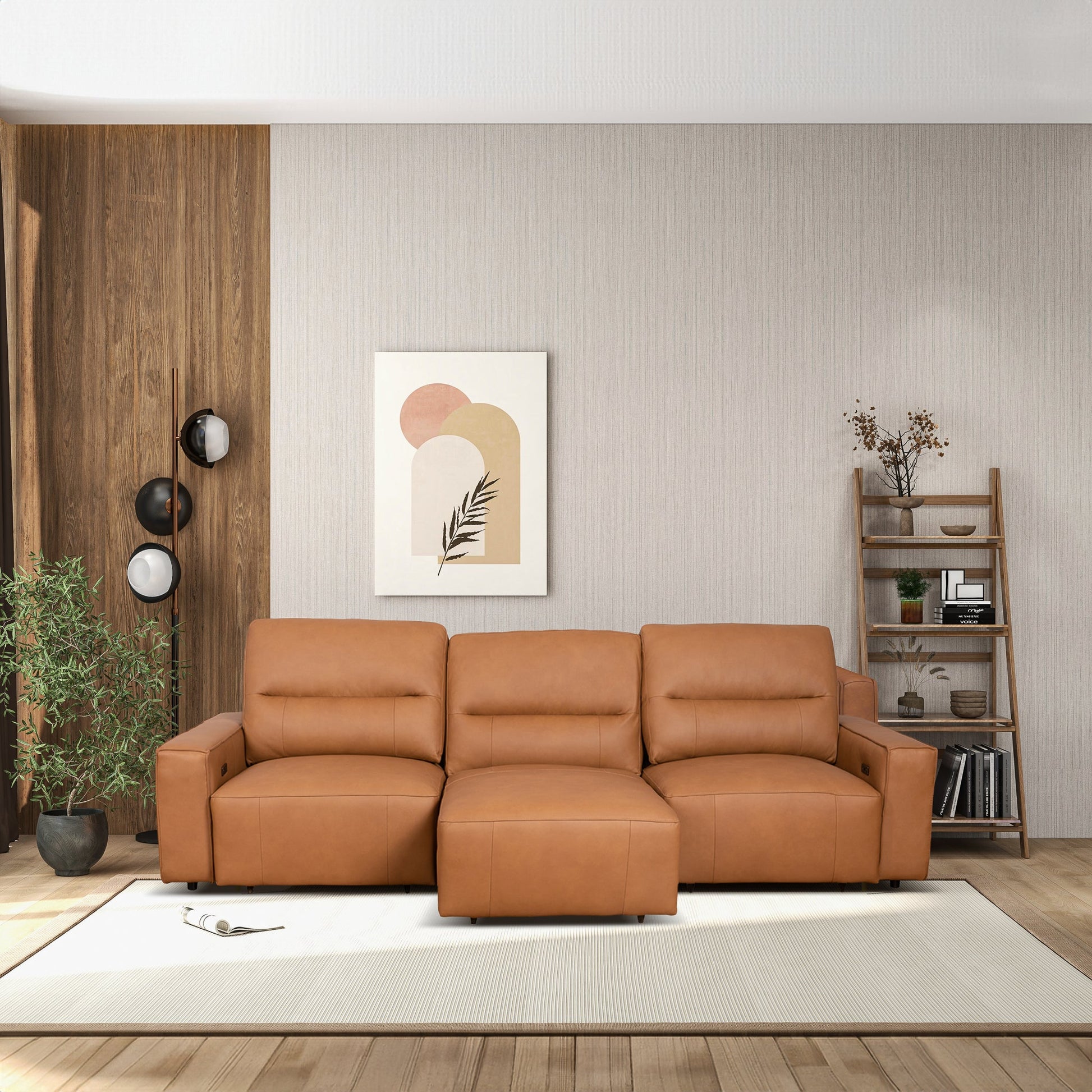 3 Seat Cognac Leather Convertible Sofa Bed for Living Room