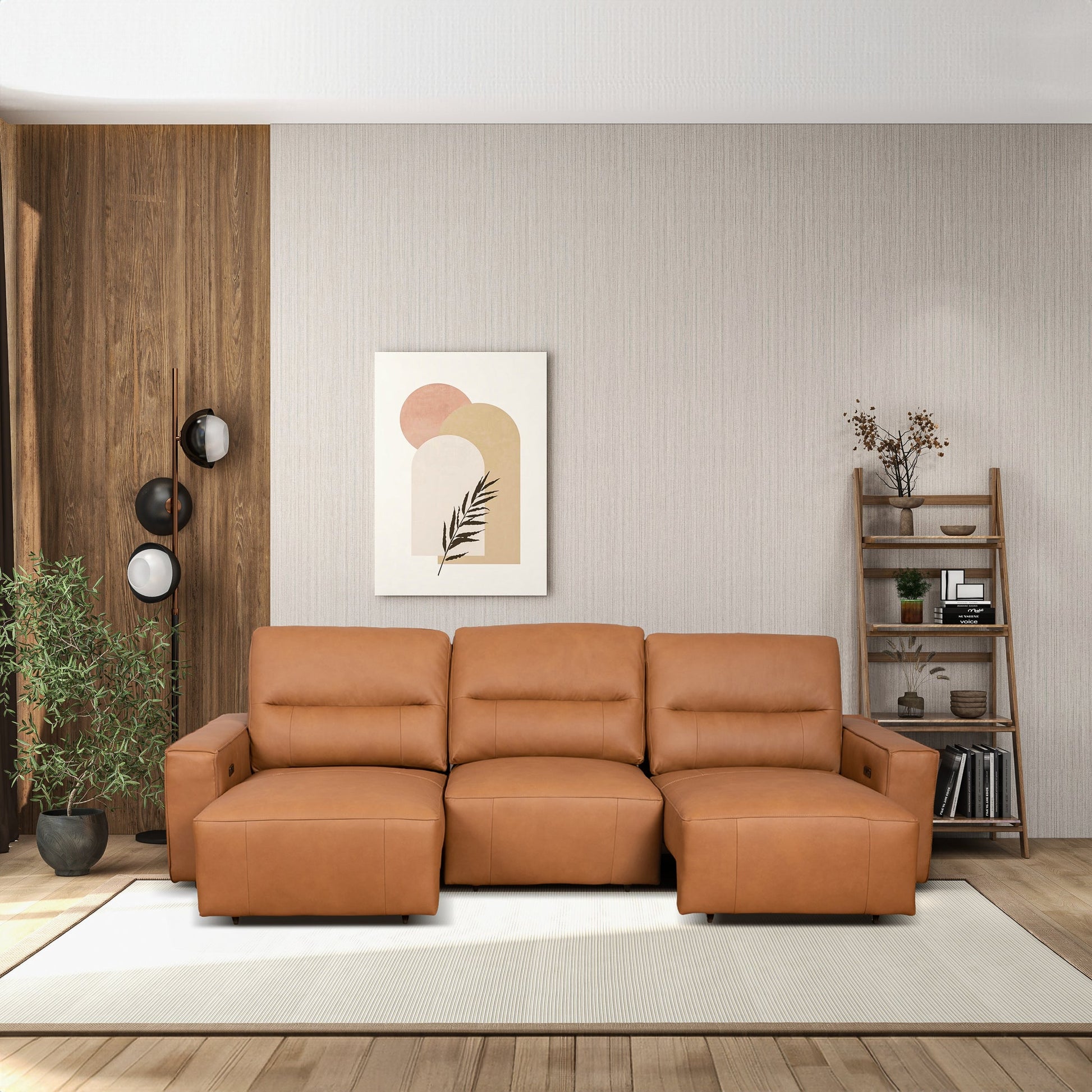 3 Seat Cognac Leather Convertible Sofa Bed for Living Room