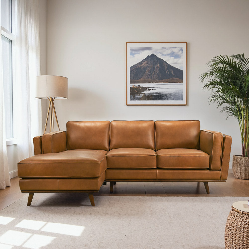90" Tan Leather 3 Seat Sectional Sofa
