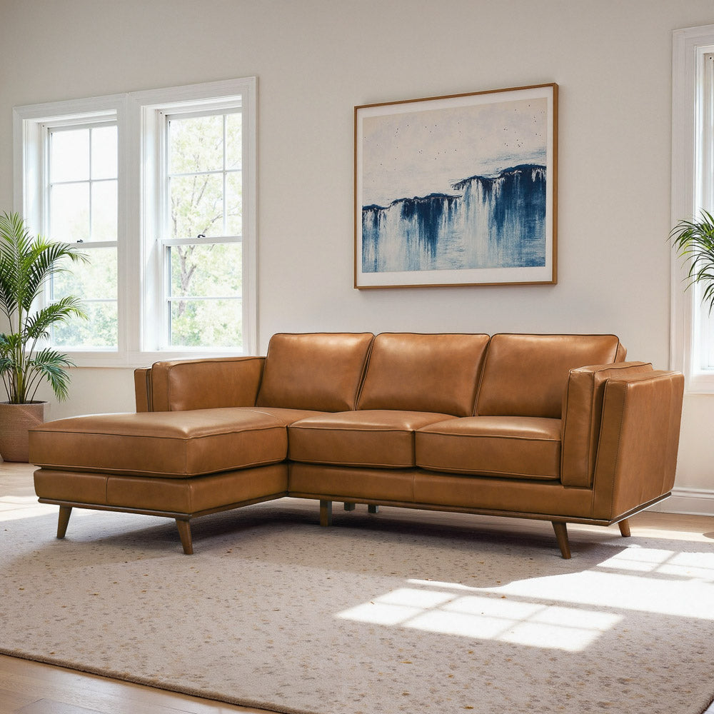 90" Tan Leather 3 Seat Sectional Sofa