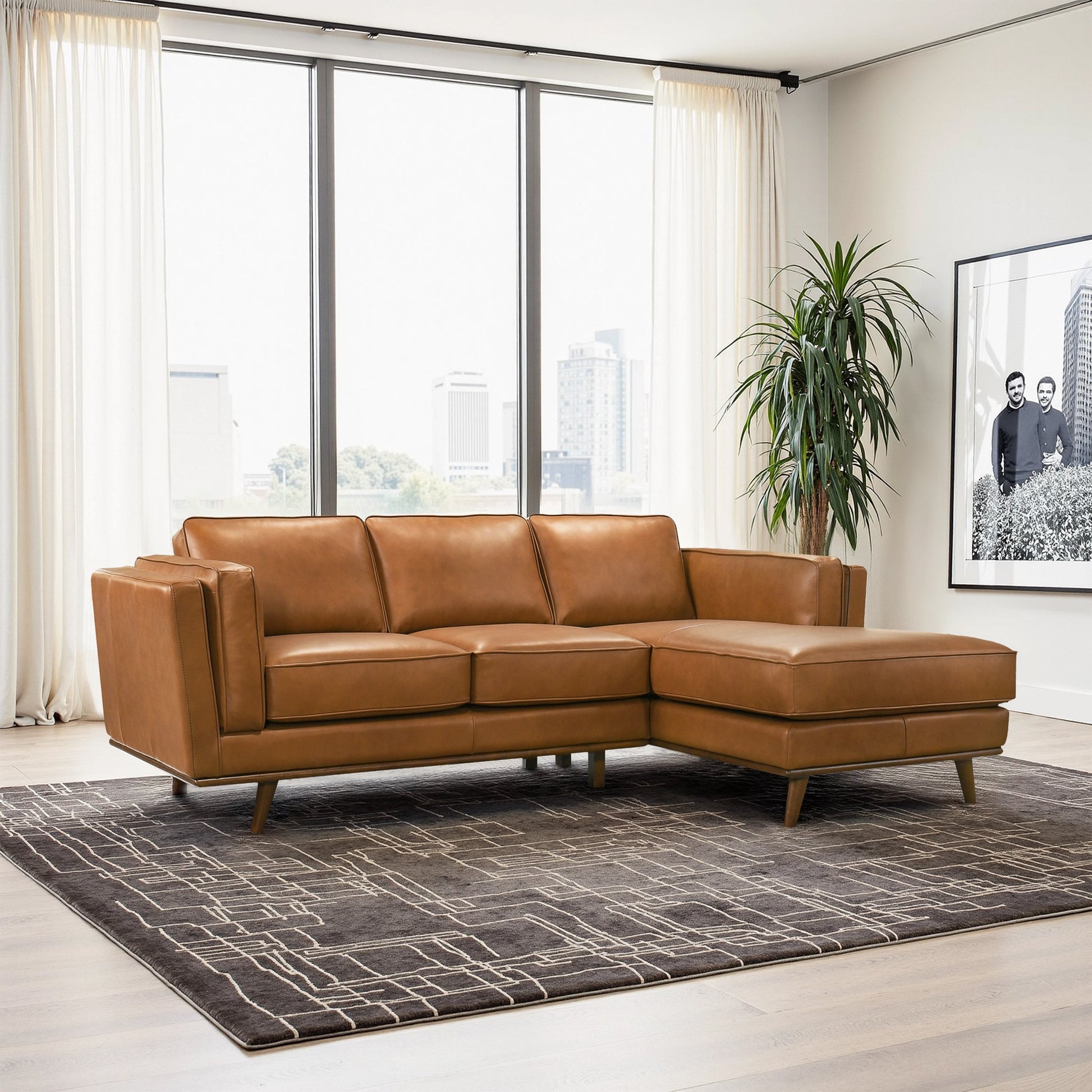 Tan Leather Sectional Sofa - 3 Seat Right Facing