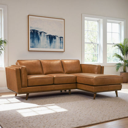 Tan Leather Sectional Sofa - 3 Seat Right Facing
