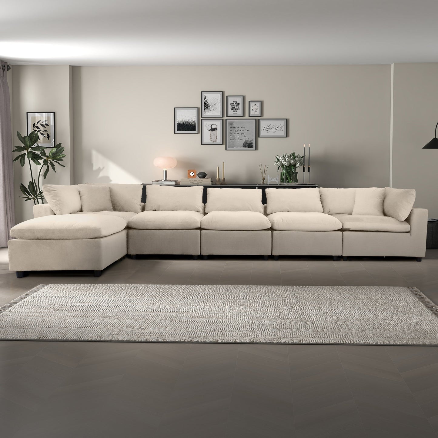 Six Seat Ivory Velvet Sectional Sofa for Living Room
