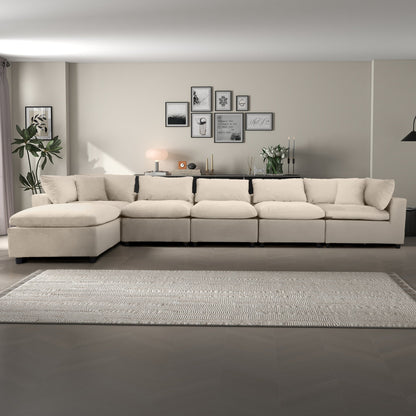 Six Seat Ivory Velvet Sectional Sofa for Living Room