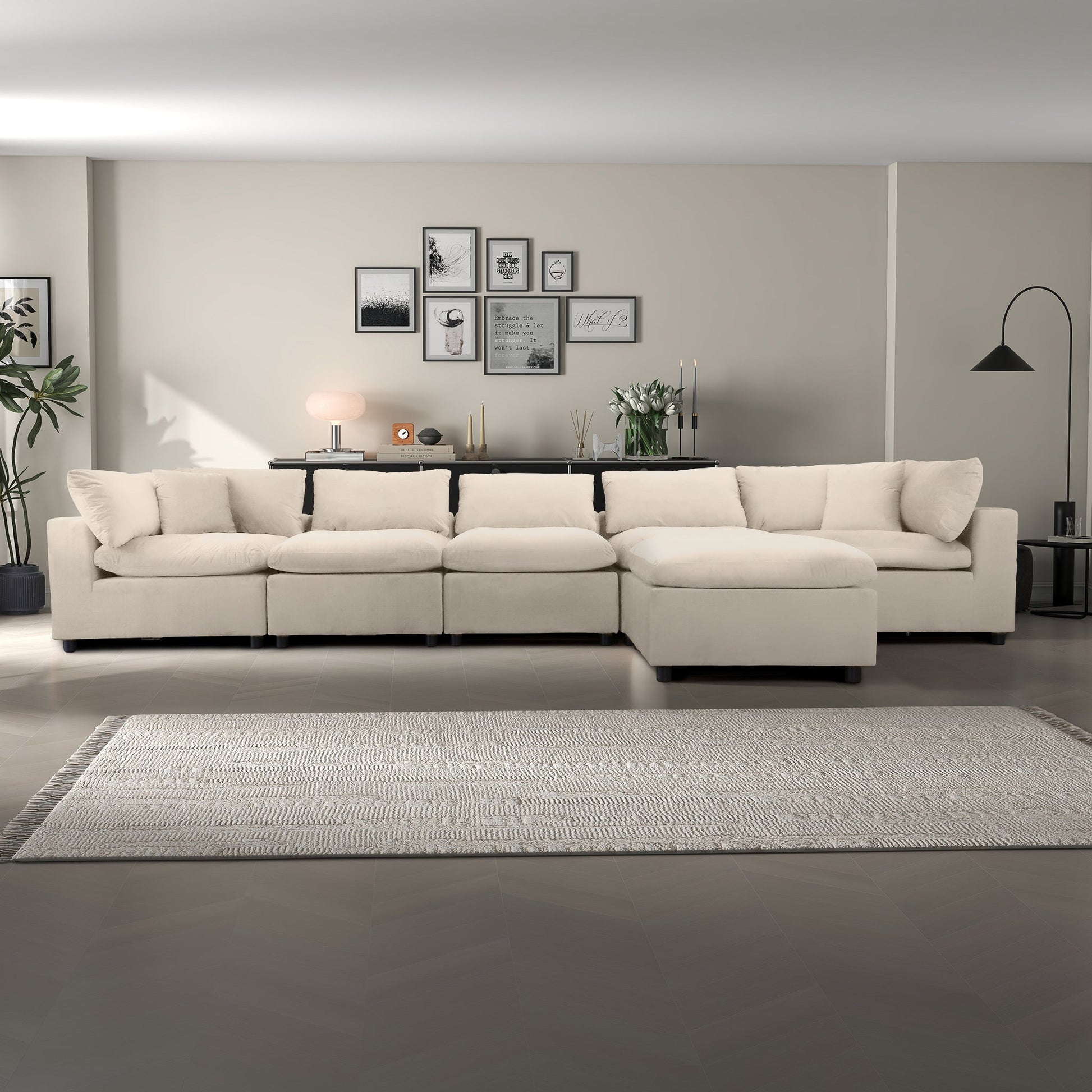 Six Seat Ivory Velvet Sectional Sofa for Living Room