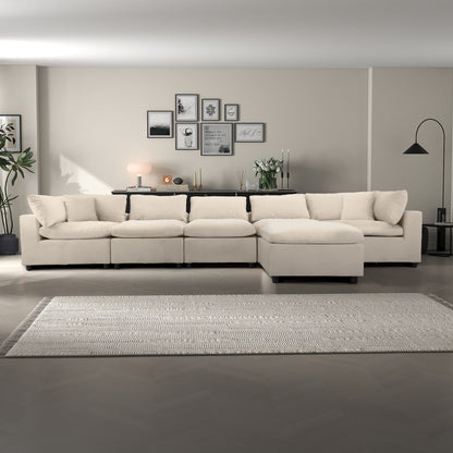 Six Seat Ivory Velvet Sectional Sofa for Living Room