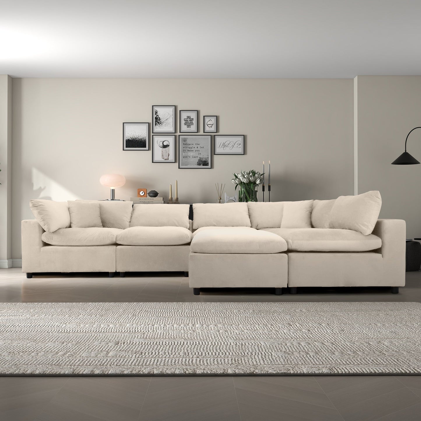 Six Seat Ivory Velvet Sectional Sofa for Living Room
