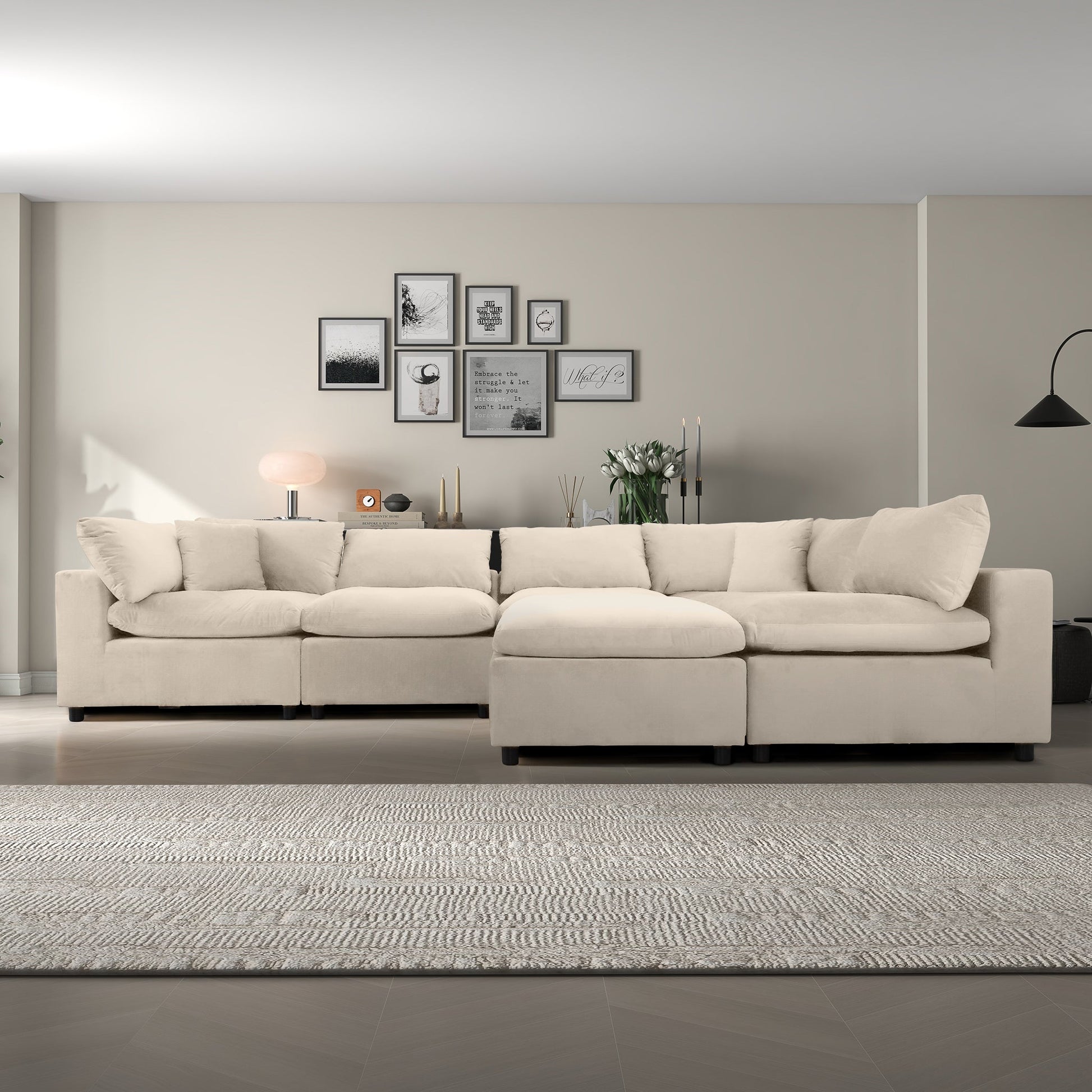 Six Seat Ivory Velvet Sectional Sofa for Living Room