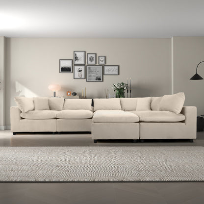 Six Seat Ivory Velvet Sectional Sofa for Living Room