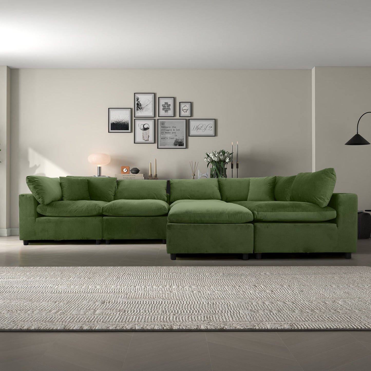 6 Seat Olive Green Velvet Sectional Sofa - Modular Design