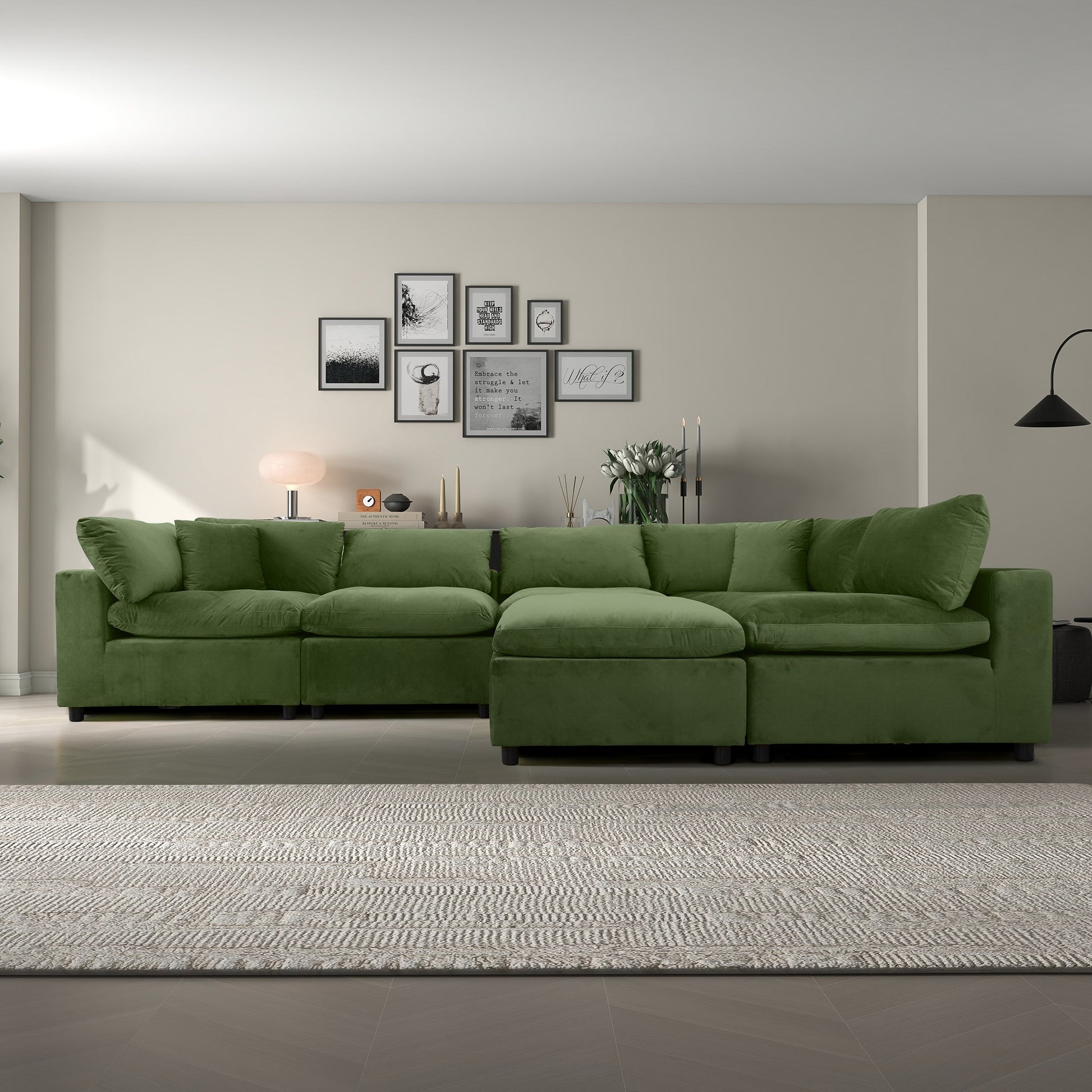 6 Seat Olive Green Velvet Sectional Sofa - Modular Design