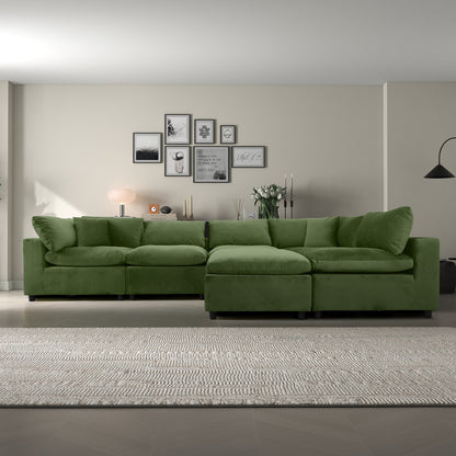 6 Seat Olive Green Velvet Sectional Sofa - Modular Design