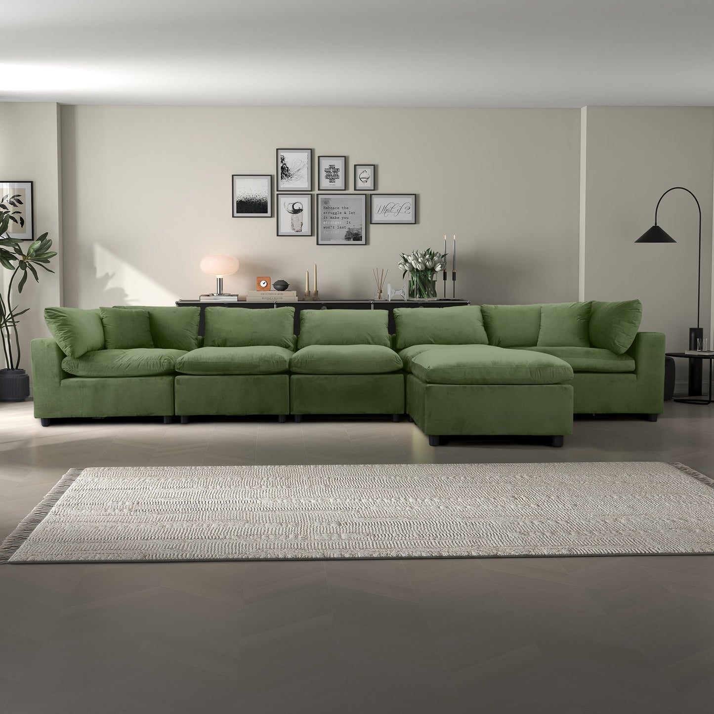 6 Seat Olive Green Velvet Sectional Sofa - Modular Design