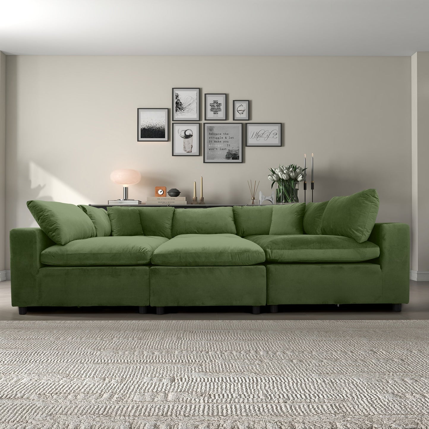6 Seat Olive Green Velvet Sectional Sofa - Modular Design