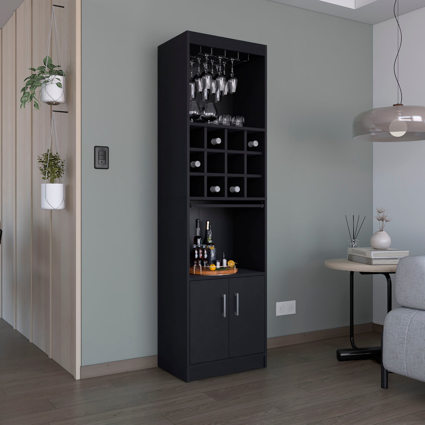 Kevil 71-Inch Tall Bar Cabinet 5-Tier Modern Bar Cabinet with Glass Holder Stemware Rack, Wine Cabinet, Liquor Cabinet, 12 Bottle Cubbies, 5 Shelves, and Pull Out Tray