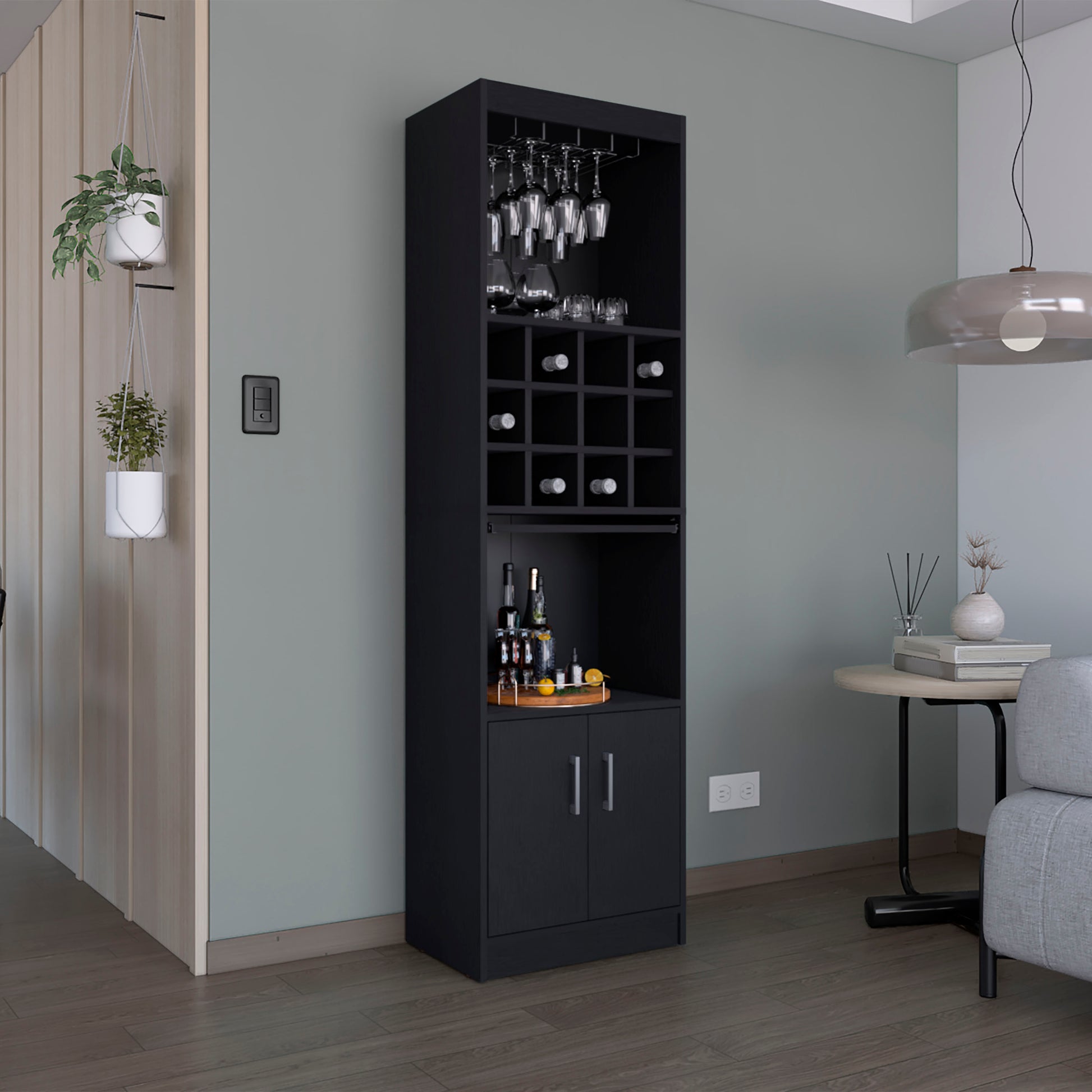 Kevil 71-Inch Tall Bar Cabinet 5-Tier Modern Bar Cabinet with Glass Holder Stemware Rack, Wine Cabinet, Liquor Cabinet, 12 Bottle Cubbies, 5 Shelves, and Pull Out Tray