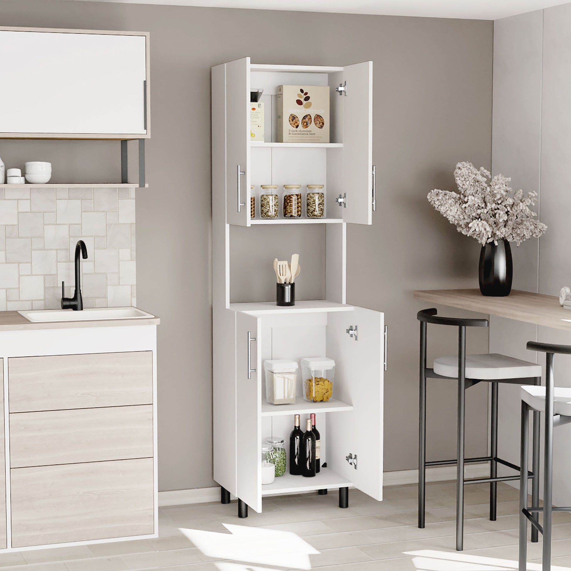 White MDF Kitchen Pantry with Hutch - 76.8" Tall