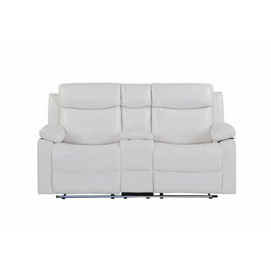Blanche White Console Reclining Loveseat with LED Lights and Speakers