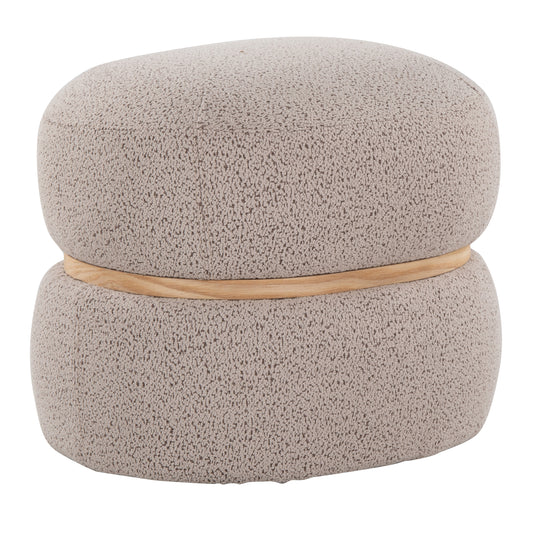 Contemporary Ottoman in Beige Fabric and Natural Wood