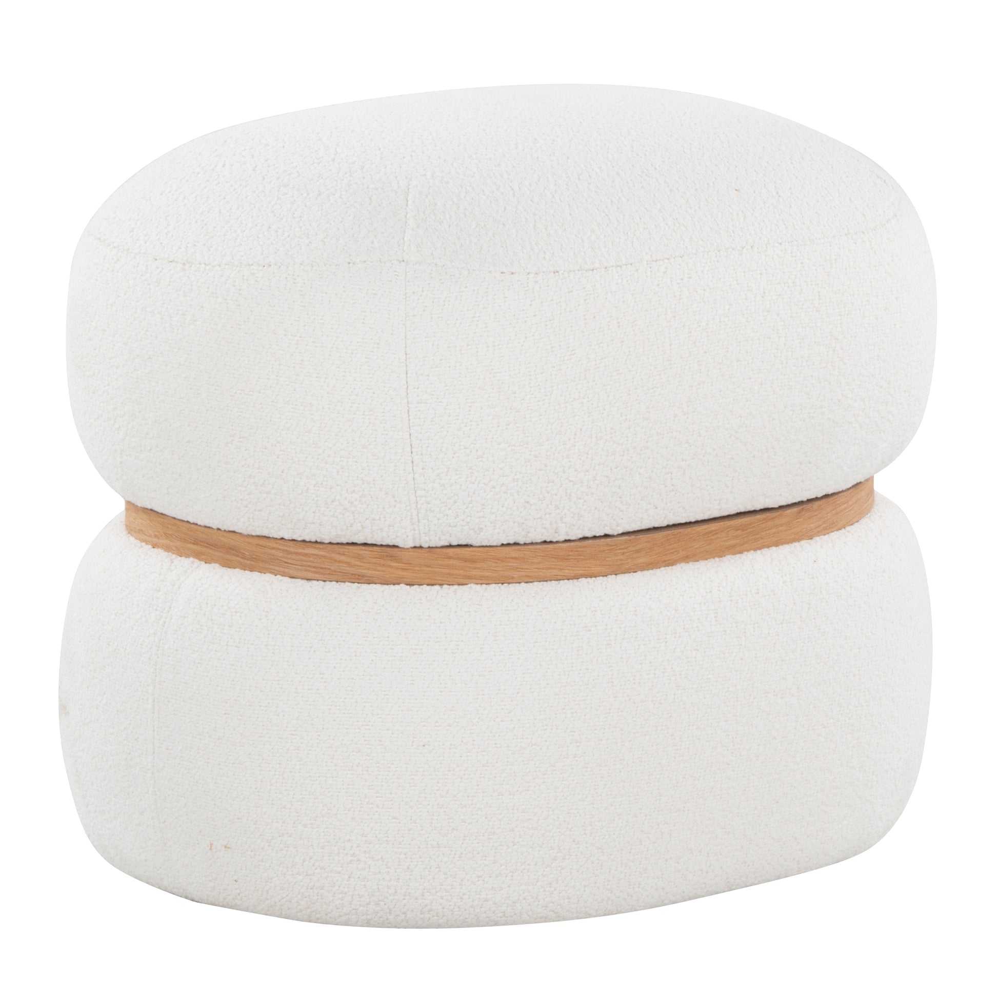 Contemporary Ottoman in Cream Fabric and Natural Wood