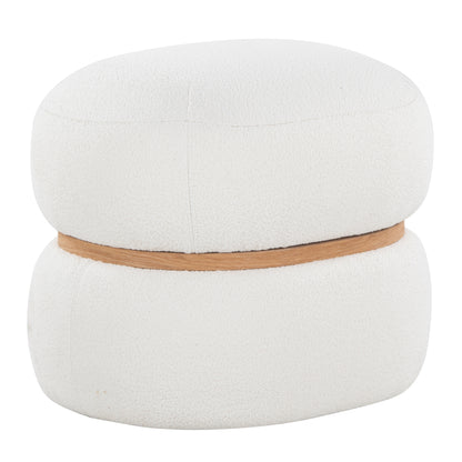 Contemporary Ottoman in Cream Fabric and Natural Wood