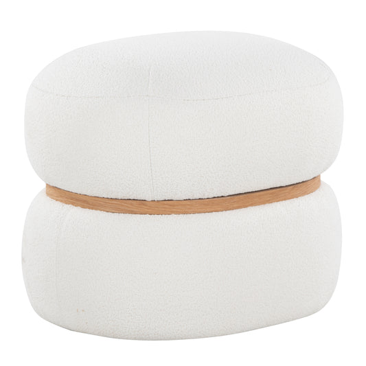 Contemporary Ottoman in Cream Fabric and Natural Wood