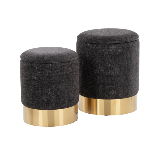 Contemporary Nesting Ottoman Set in Gold Metal and Black Fabric