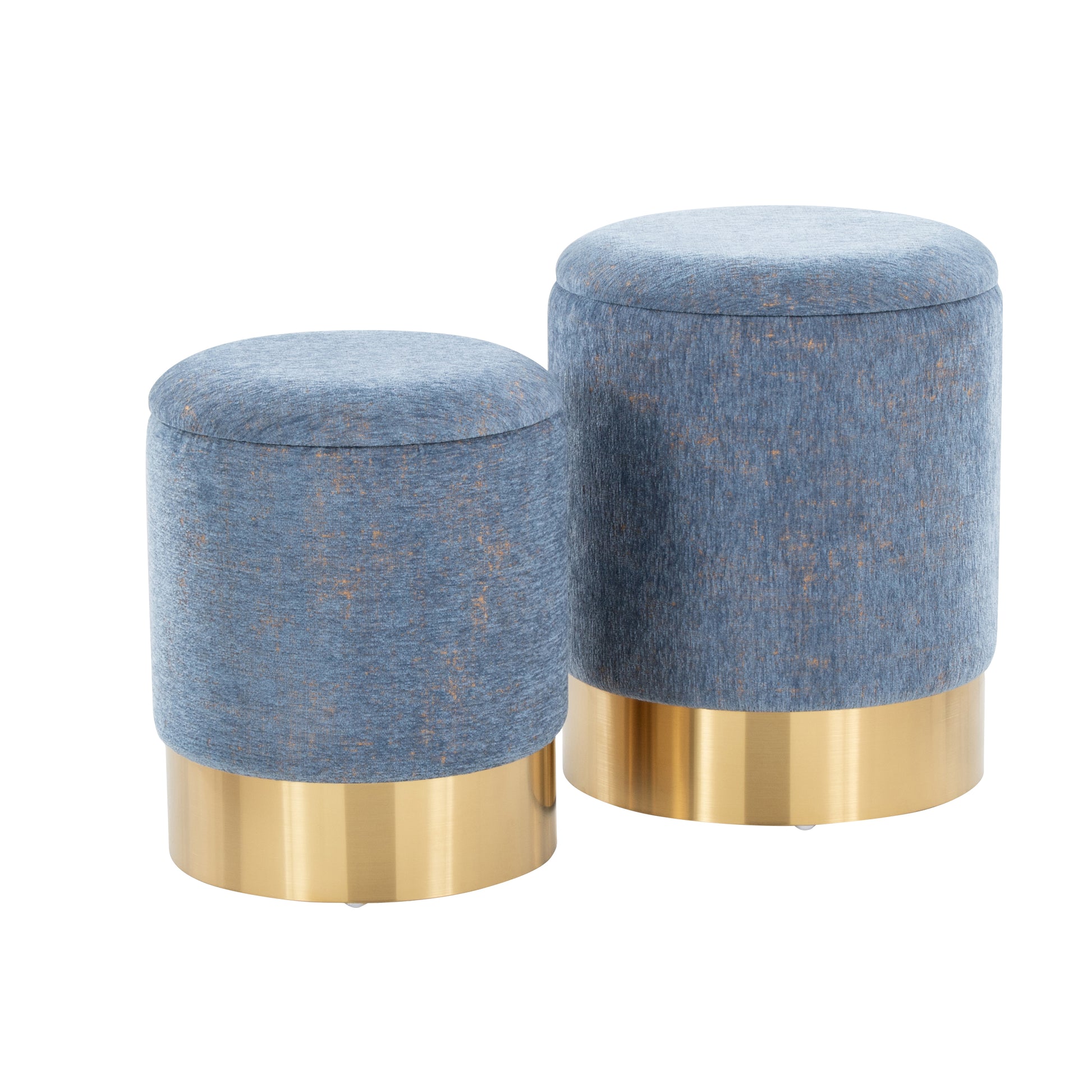 Contemporary Nesting Ottoman Set in Gold Metal and Blue Fabric