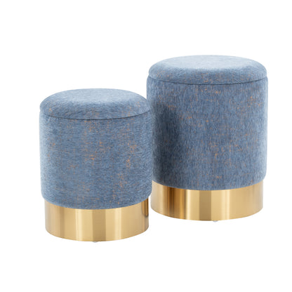 Contemporary Nesting Ottoman Set in Gold Metal and Blue Fabric