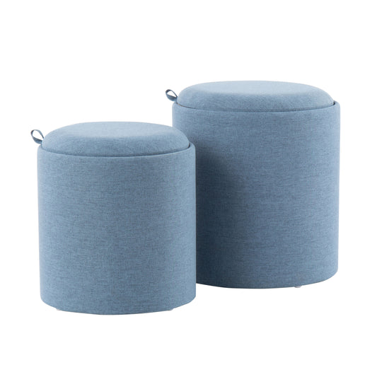 Contemporary Nesting Ottoman Set in Blue Fabric and Natural Wood