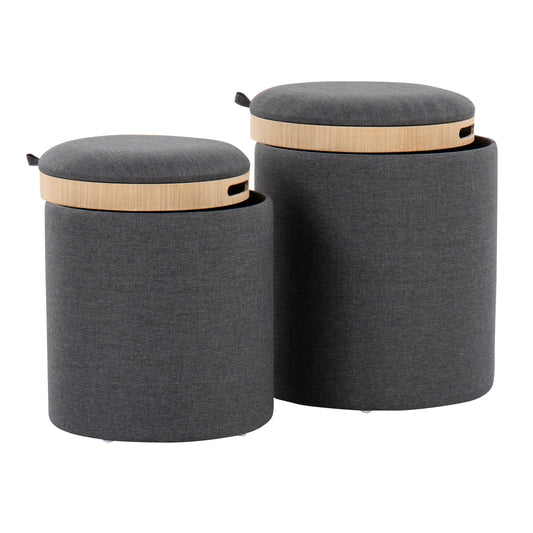 Contemporary Nesting Ottoman Set in Charcoal Fabric and Natural Wood