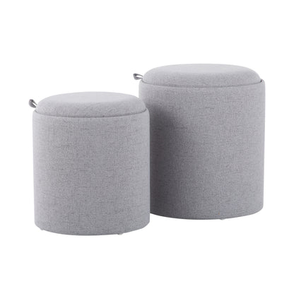 Contemporary Nesting Ottoman Set in Grey Fabric and Natural Wood