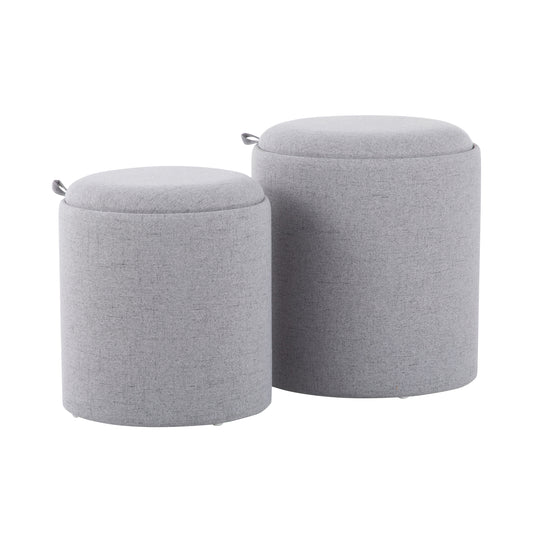 Contemporary Nesting Ottoman Set in Grey Fabric and Natural Wood