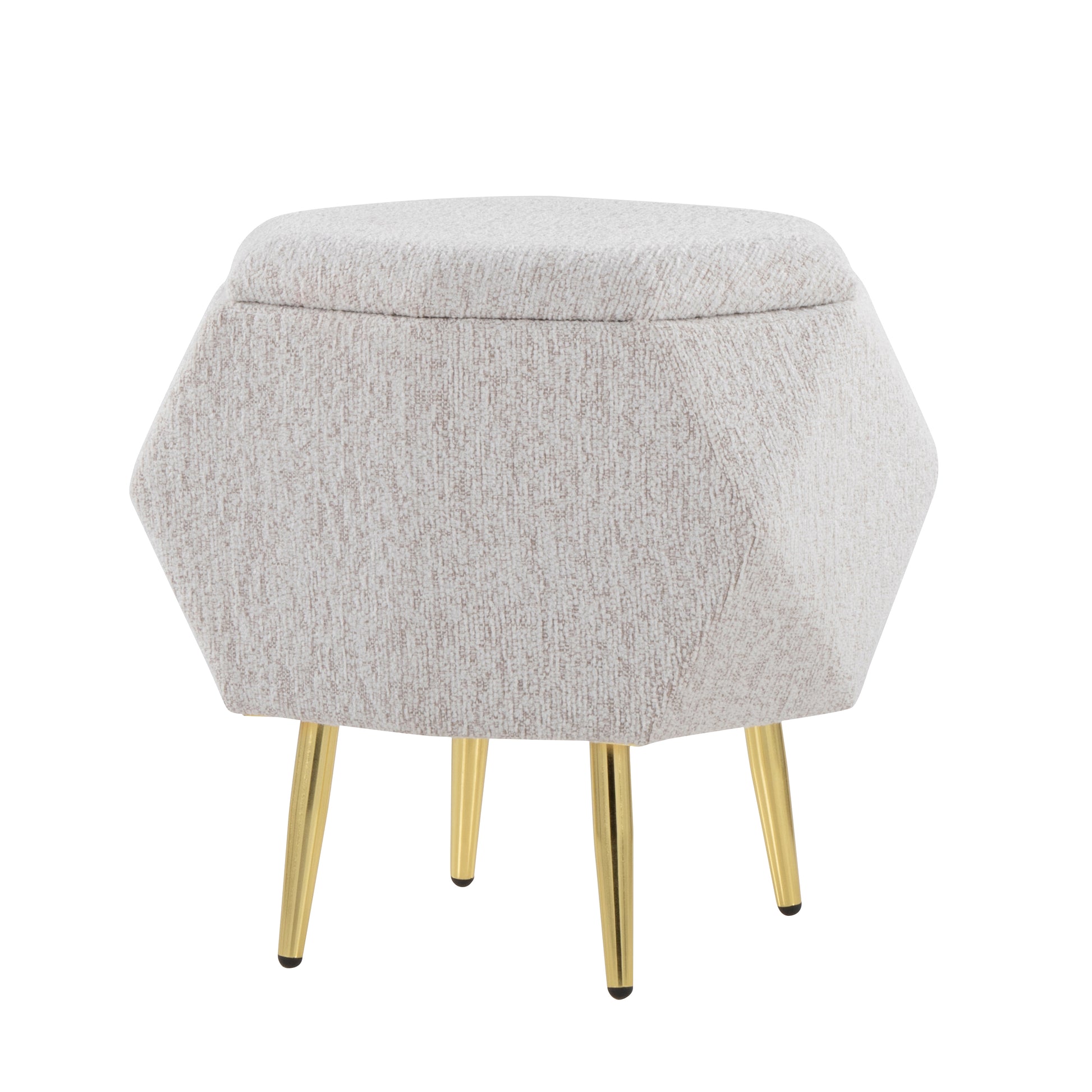 Ottoman in Gold Metal and Light Grey Fabric with Storage