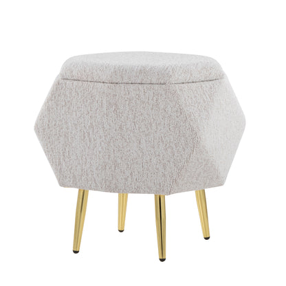 Ottoman in Gold Metal and Light Grey Fabric with Storage