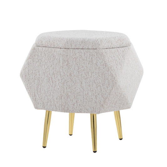 Ottoman in Gold Metal and Light Grey Fabric with Storage