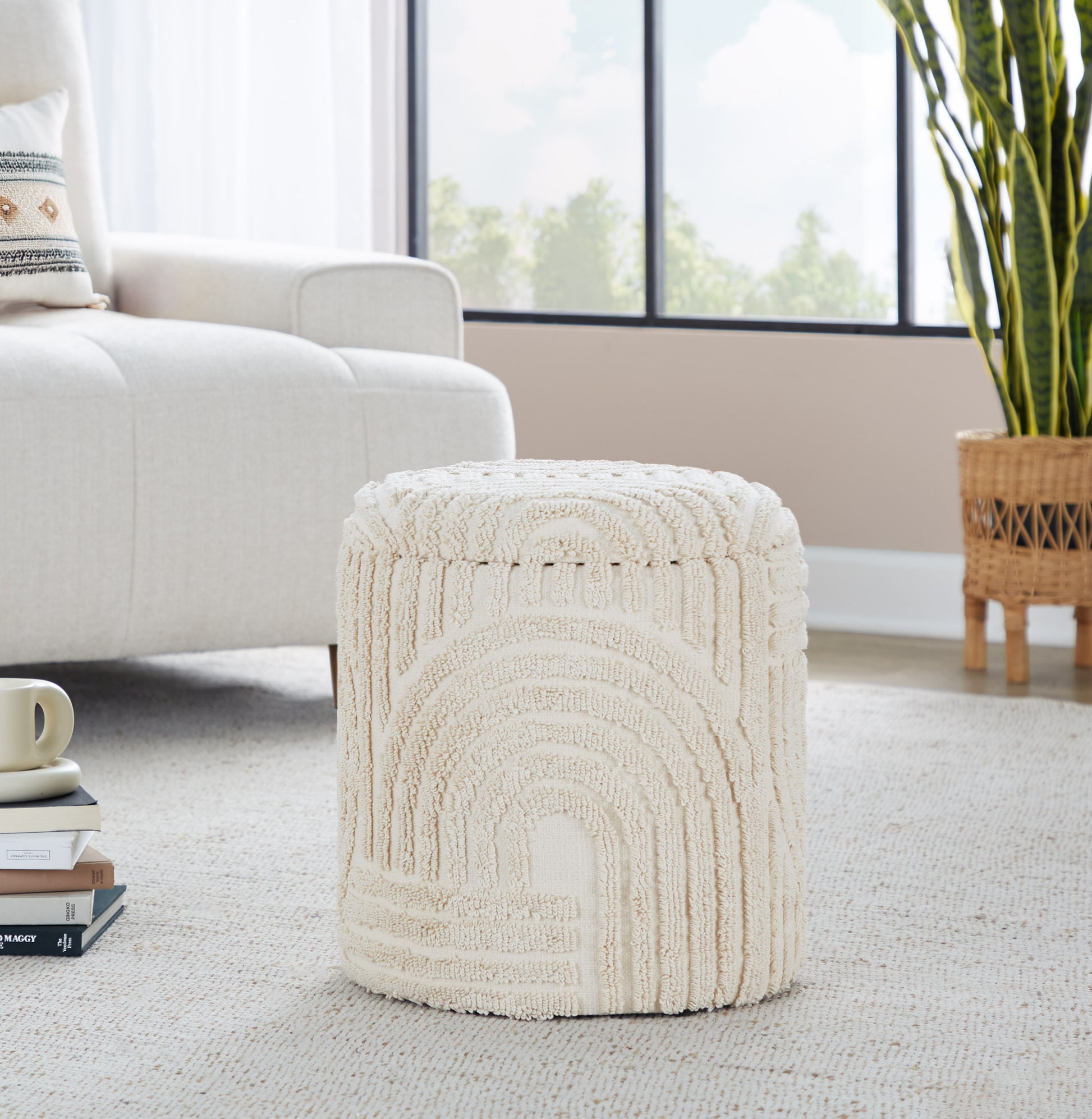 18" Storage Ottoman in Beige Cotton with High Pile Textured Design