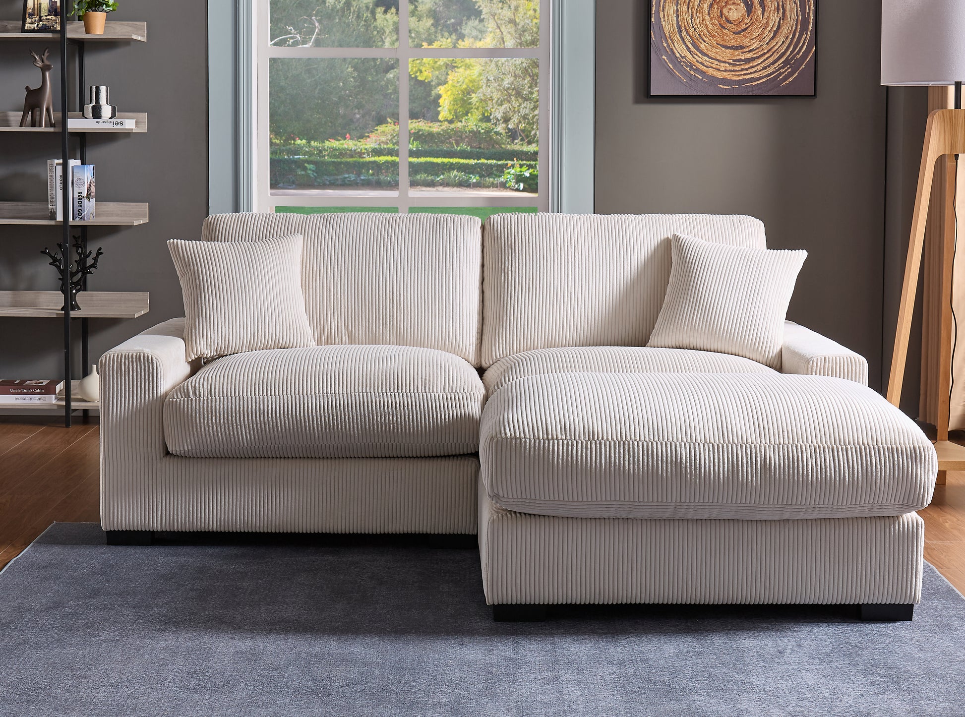 Cream Corduroy 4 Seat Sectional Sofa - Oversized Modular Couch for Living Room