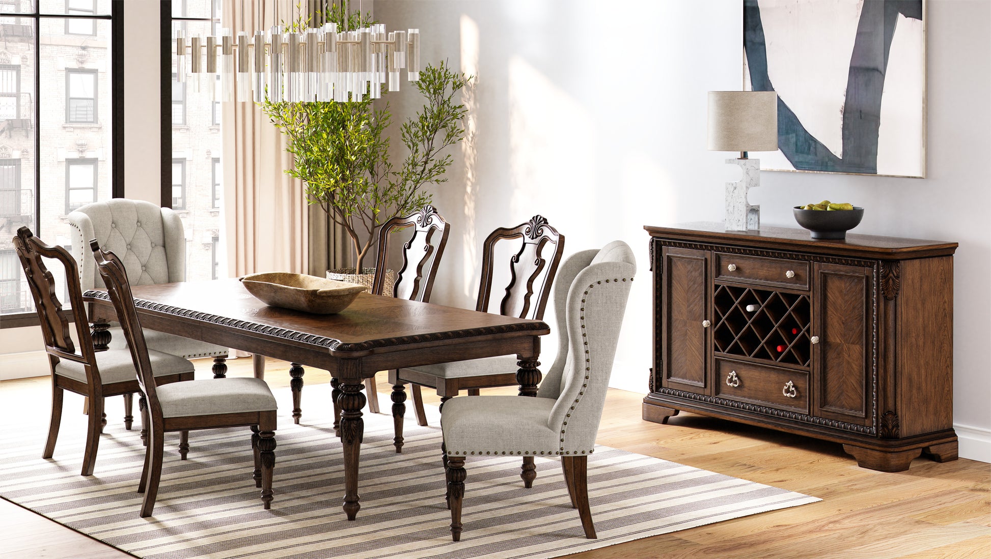 Mahogany Wood Buffet with Wine Storage Cabinets for Dining Room