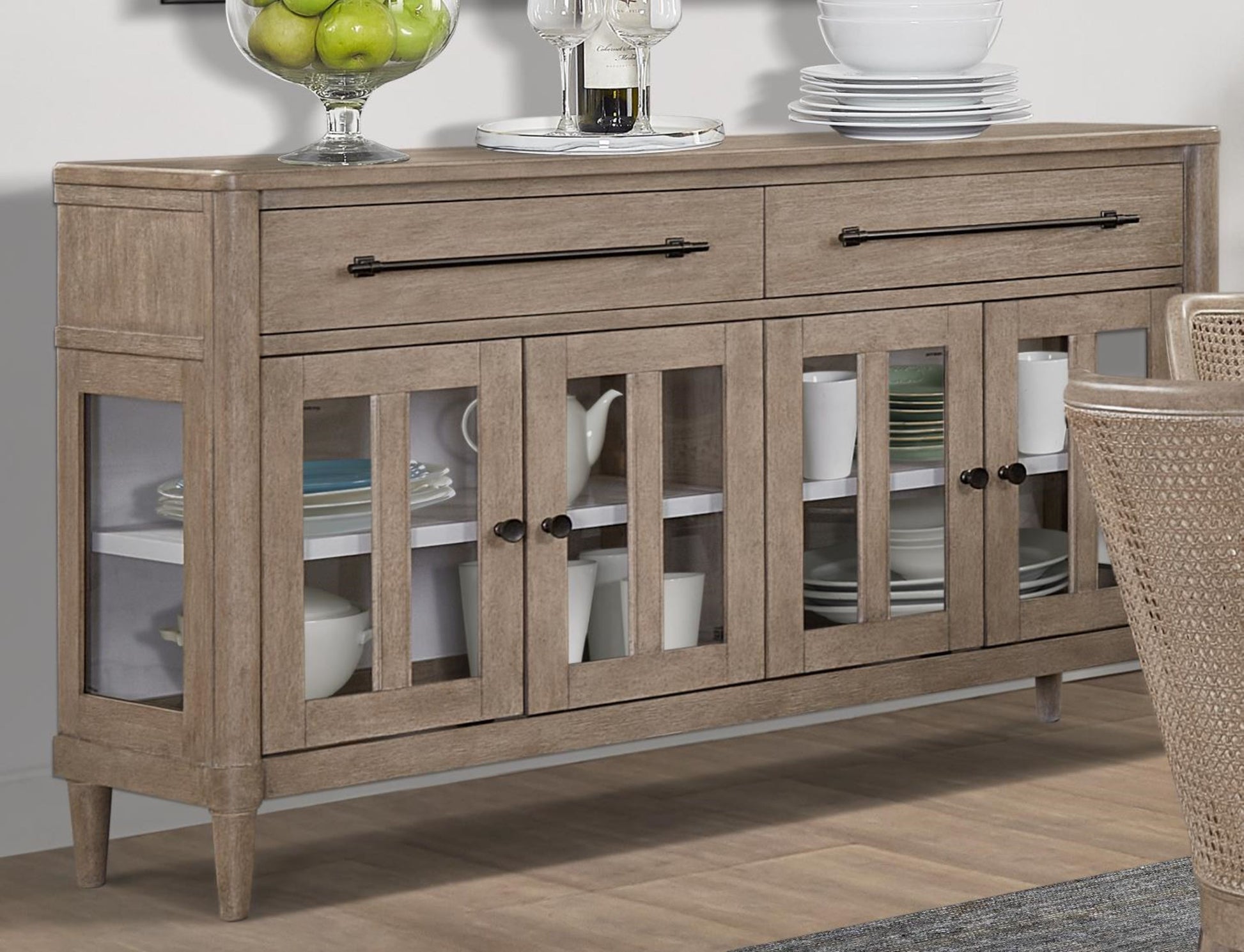 Sand Finish Buffet with Glass Cabinet Doors