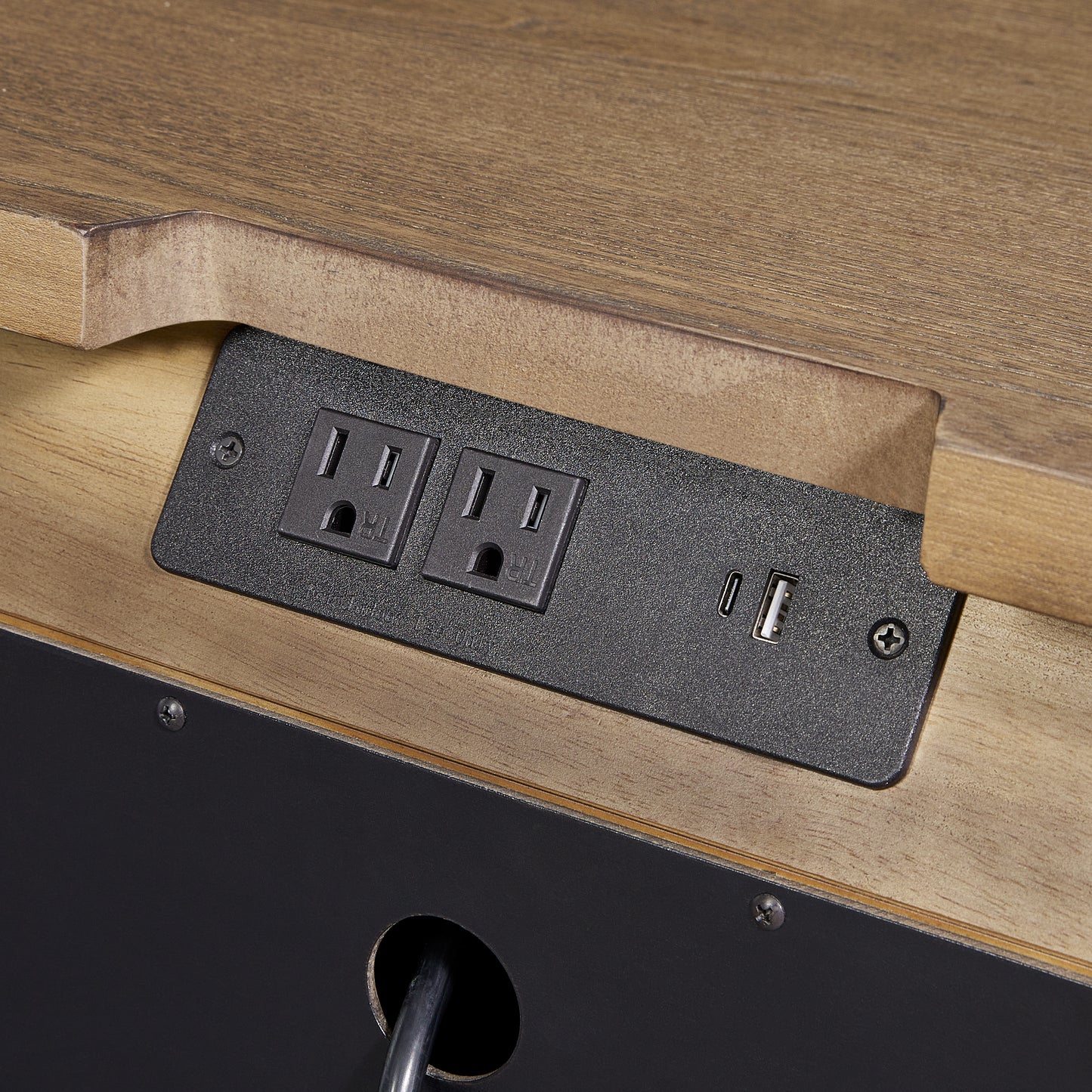 Light Brown Solid Wood Sideboard with USB Ports