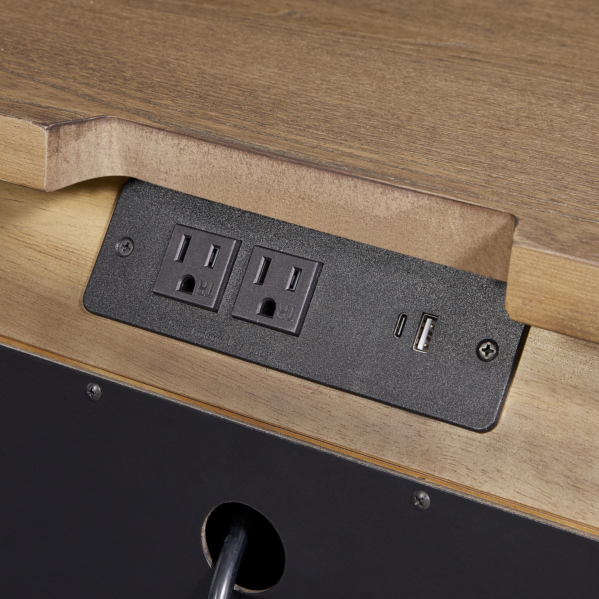 Light Brown Solid Wood Sideboard with USB Ports